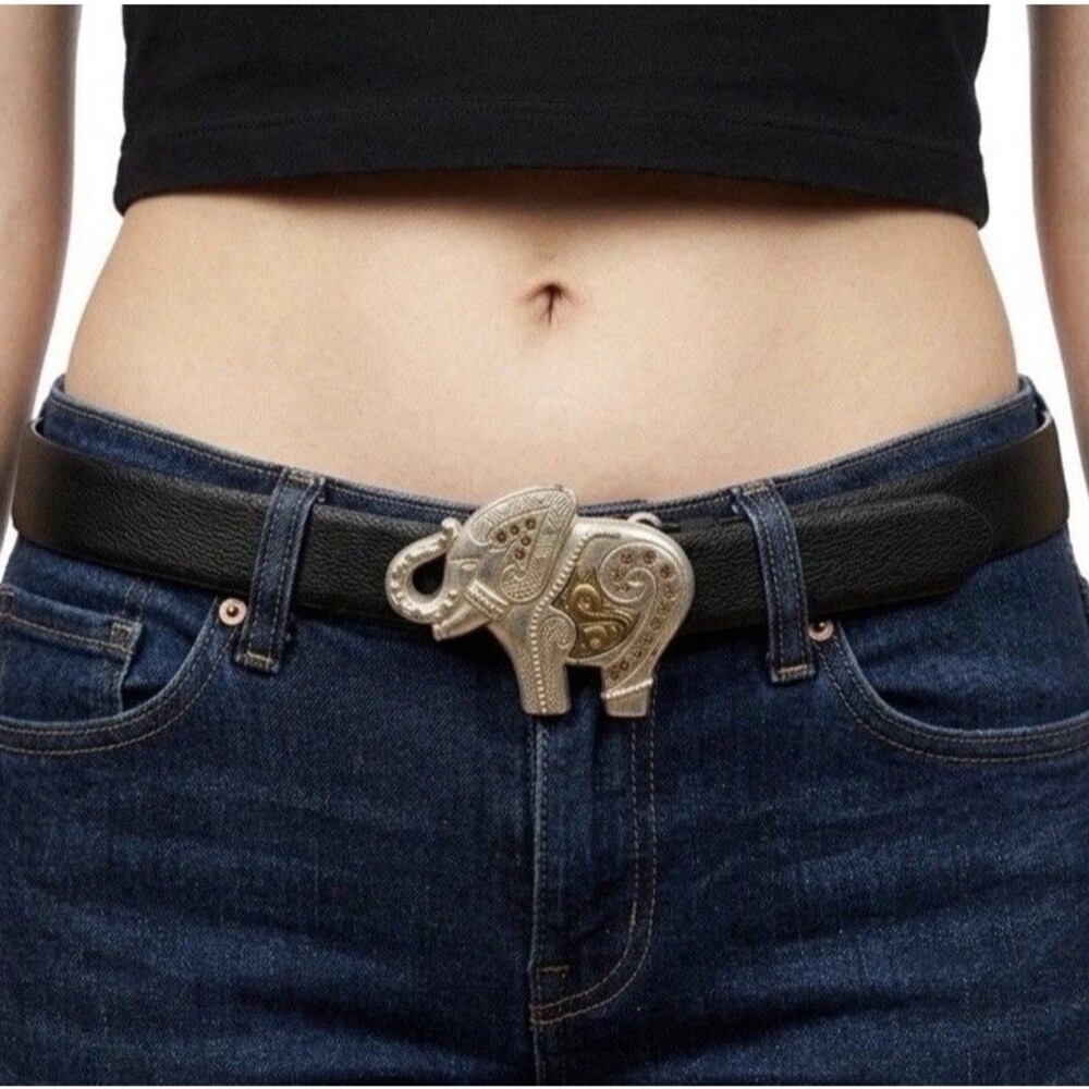 (H)Chicos VintageBlack Leather Belt Silver Gold Tone Elephant Buckle Boho,Sz M/L